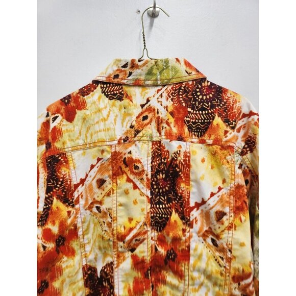 Chicos Womens Jacket Large Orange Yellow Floral Collared Full Zip Lightweight - Picture 7 of 7